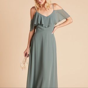 Birdy Grey Sage Green Cold-Shoulder Ruffle Chiffon Gown